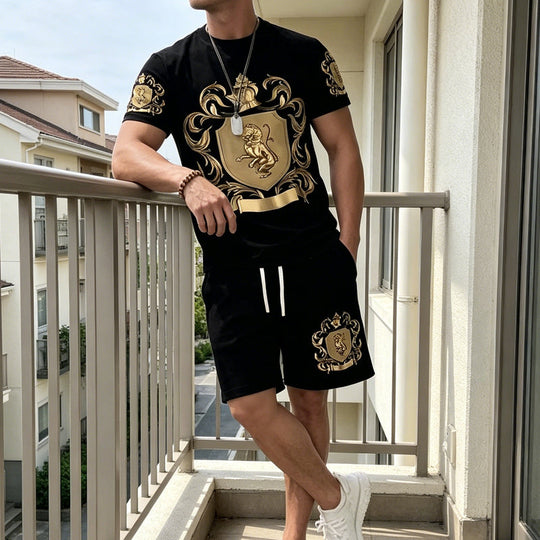 🖤👕🩳Men’s Gold Crest T-Shirt & Shorts Set✨ – Luxury Print, Breathable Comfort & Instant Summer Style