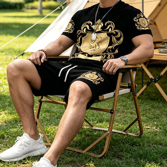 🖤👕🩳Men’s Gold Crest T-Shirt & Shorts Set✨ – Luxury Print, Breathable Comfort & Instant Summer Style