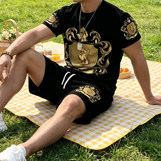 🖤👕🩳Men’s Gold Crest T-Shirt & Shorts Set✨ – Luxury Print, Breathable Comfort & Instant Summer Style