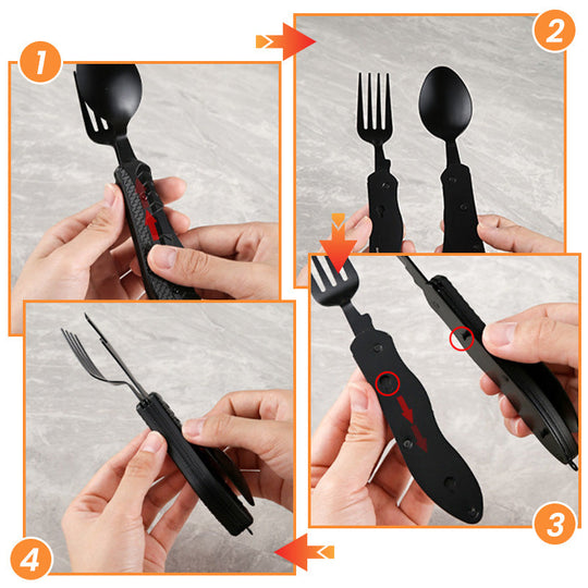 UP TO 50% OFF! 🏆 4-in-1 Folding Tableware Set – Compact, Stainless Steel, Multi-Tool