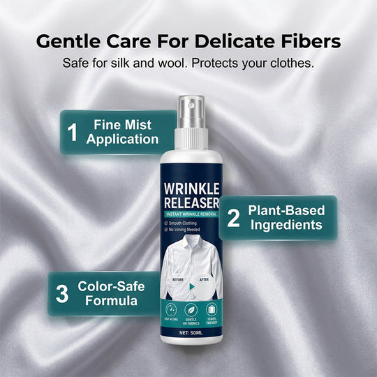 Instant wrinkle release – no iron, travel-ready, static-free & fresh.