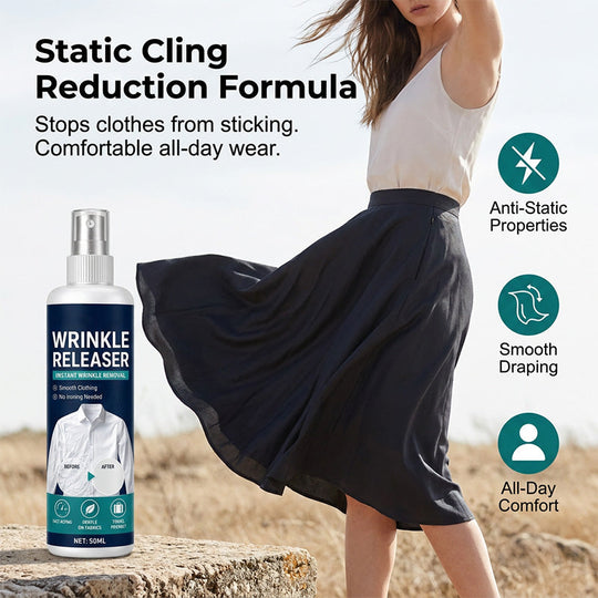 Instant wrinkle release – no iron, travel-ready, static-free & fresh.