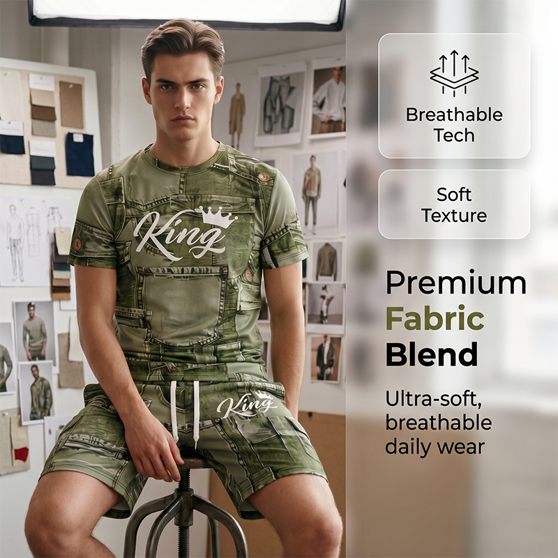 👕 Men's Casual Faux Denim Print T-Shirt Shorts Set 🧢