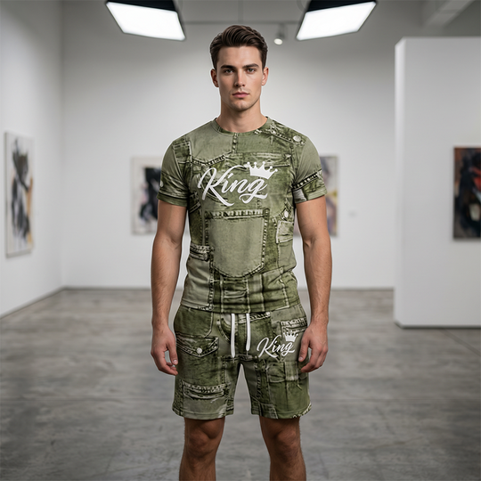 👕 Men's Casual Faux Denim Print T-Shirt Shorts Set 🧢