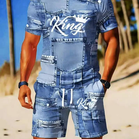 👕 Men's Casual Faux Denim Print T-Shirt Shorts Set 🧢