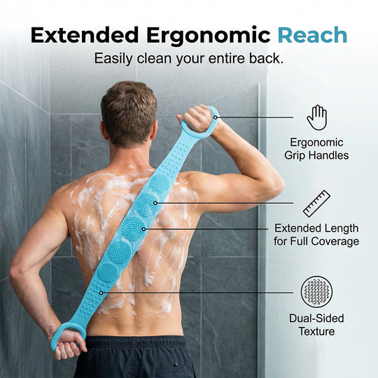 Boost bathing happiness! Skin becomes smooth and glowing! Dual-Sided Silicone Back Scrubber
