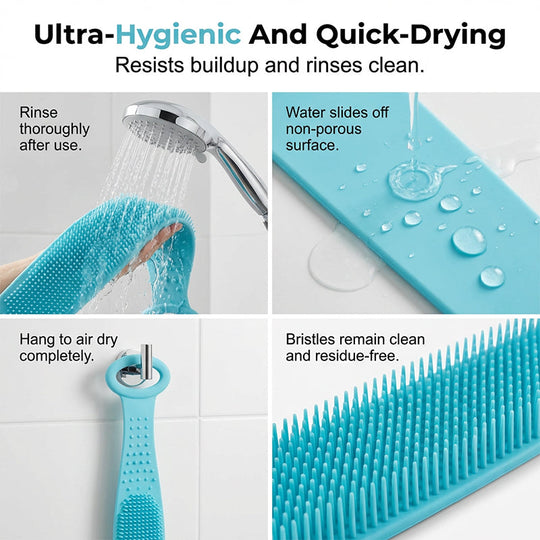 Boost bathing happiness! Skin becomes smooth and glowing! Dual-Sided Silicone Back Scrubber