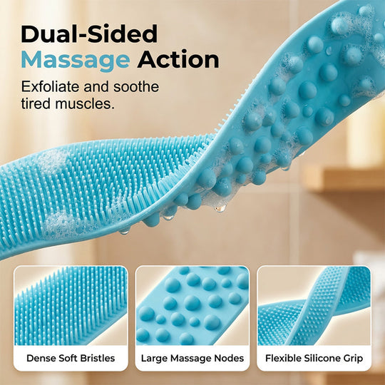 Boost bathing happiness! Skin becomes smooth and glowing! Dual-Sided Silicone Back Scrubber