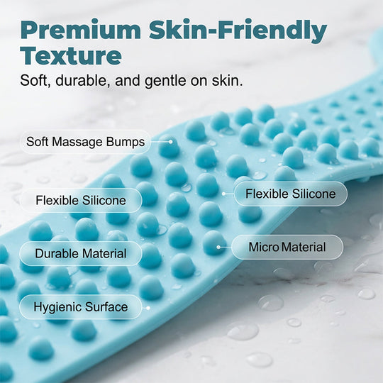 Boost bathing happiness! Skin becomes smooth and glowing! Dual-Sided Silicone Back Scrubber
