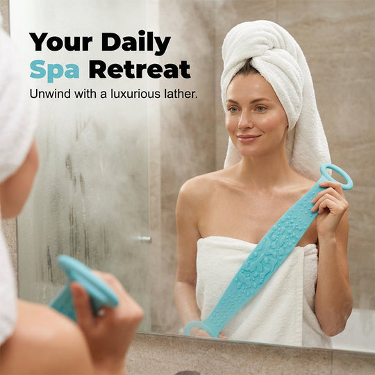Boost bathing happiness! Skin becomes smooth and glowing! Dual-Sided Silicone Back Scrubber