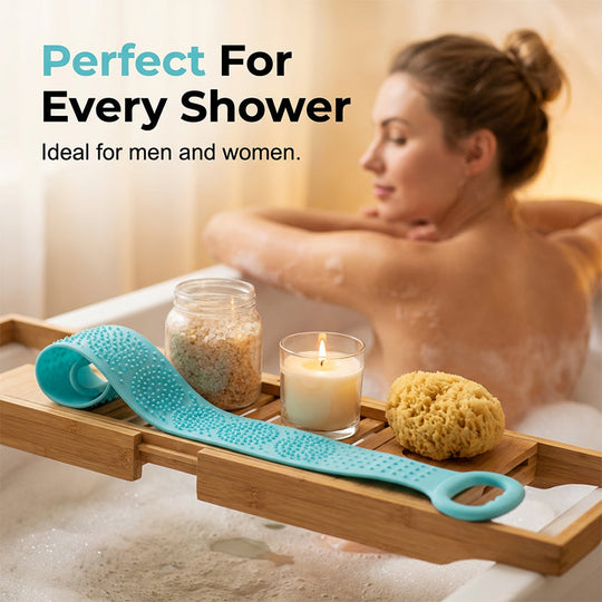 Boost bathing happiness! Skin becomes smooth and glowing! Dual-Sided Silicone Back Scrubber