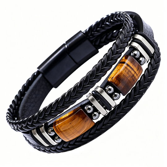 ⏳🔥LIMITED-TIME 30% OFF! ⏰🧵 Braided PU Leather Bracelet for Men & Women – Tiger Eye Stone, Unisex, Layered Design ✨