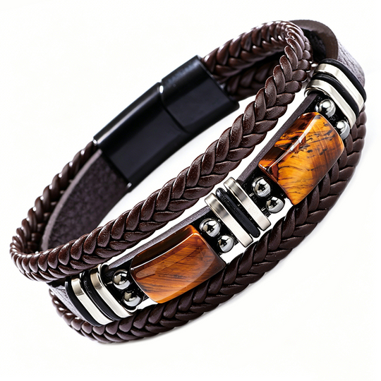 ⏳🔥LIMITED-TIME 30% OFF! ⏰🧵 Braided PU Leather Bracelet for Men & Women – Tiger Eye Stone, Unisex, Layered Design ✨