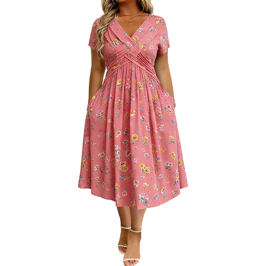 Women’s V-Neck Floral Print Dress – Twist Waist & Flattering Fit