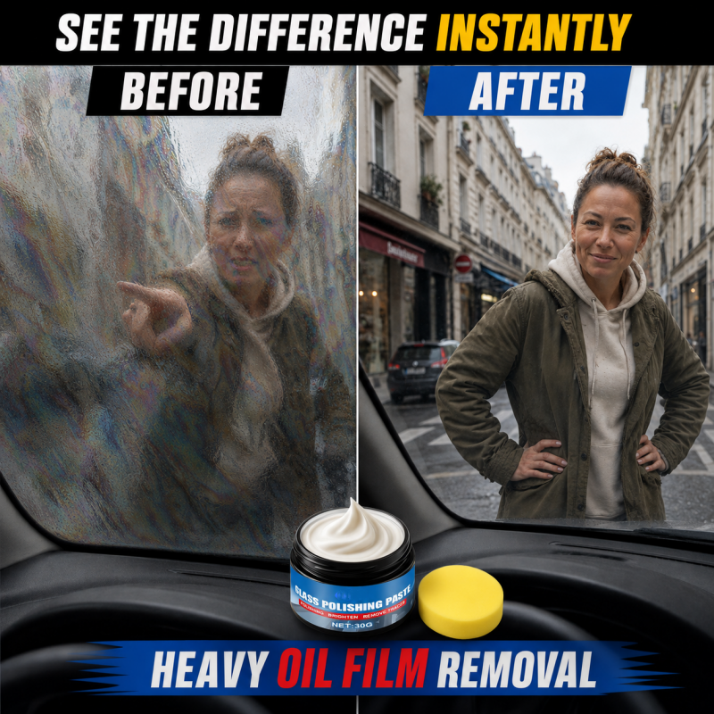 Car Glass Oil Film Remover – Eliminates Glare & Wiper Smears, Repels Rain, Works on All Glass – Sponge Included! 🚗
