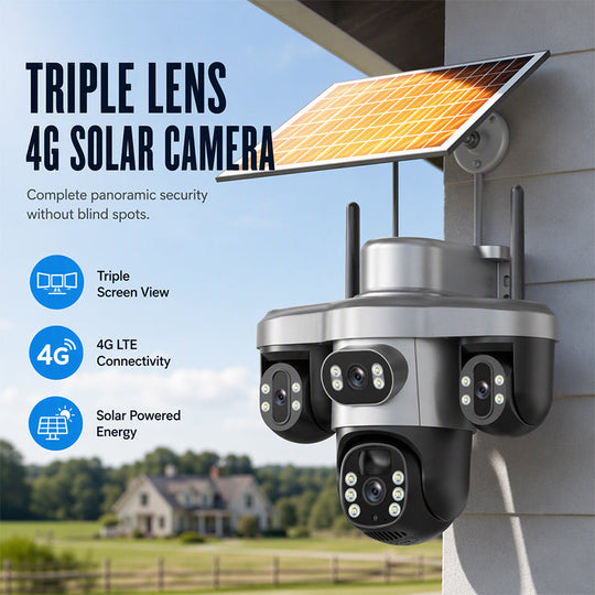 3 Lenses. 0 Wires. 100% Peace of Mind. Triple solar-powered security that watches every angle — no WiFi, no electric bill.