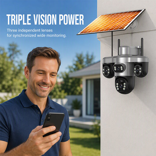 3 Lenses. 0 Wires. 100% Peace of Mind. Triple solar-powered security that watches every angle — no WiFi, no electric bill.
