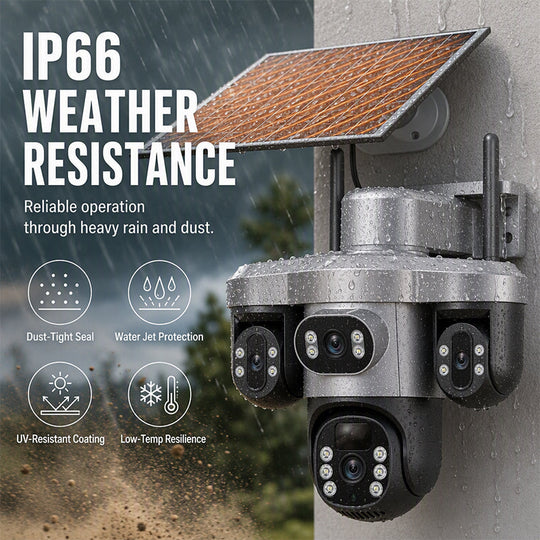 3 Lenses. 0 Wires. 100% Peace of Mind. Triple solar-powered security that watches every angle — no WiFi, no electric bill.