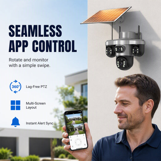 3 Lenses. 0 Wires. 100% Peace of Mind. Triple solar-powered security that watches every angle — no WiFi, no electric bill.