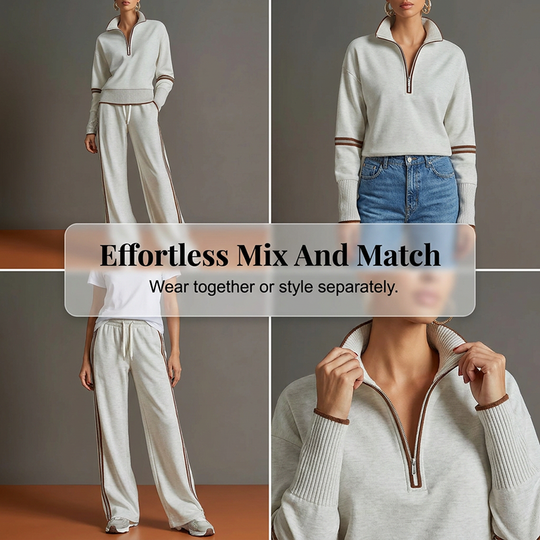✨ Effortless Comfort | Women's Half-Zip Top & Wide-Leg Pants 2-Piece Set