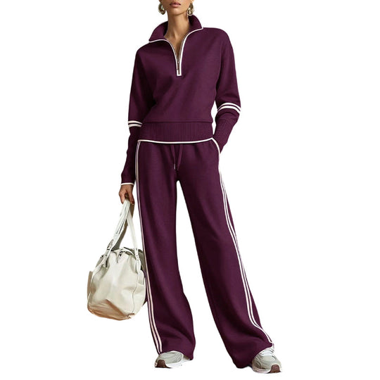 ✨ Effortless Comfort | Women's Half-Zip Top & Wide-Leg Pants 2-Piece Set