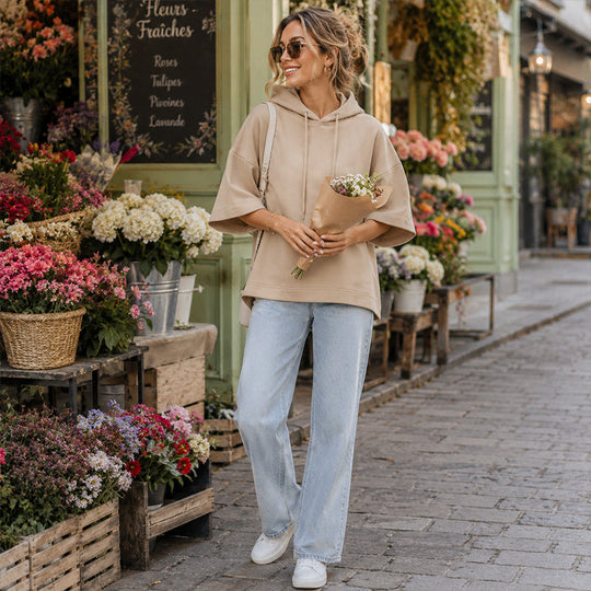 💖LAST DAY SALE 50% OFF!!🧥Seasonal Style - Relaxed Pullover Hoodie with Half-Sleeve Cut – Flattering Loose Fit & Modern Aesthetic for Transitional Weather