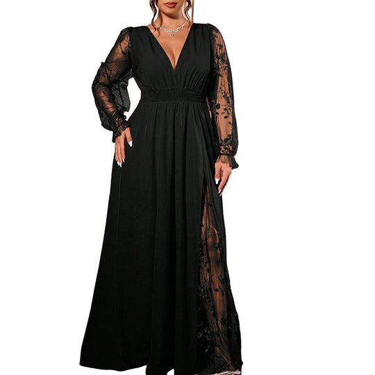 🌸Limited-Time Offer-Women’s Elegant V Neck Lace Patchwork Maxi Dress