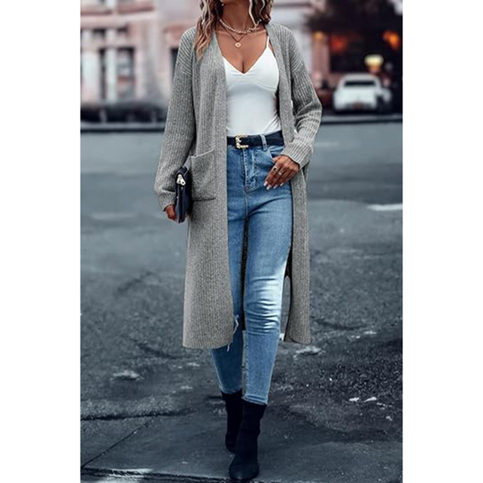 🍂Autumn Hot Sale 50% OFF💞✨Women’s Solid Long Open Front Knit Cardigan, Loose Fit Sweater Coat With Side Pockets, Autumn Casual Outerwear
