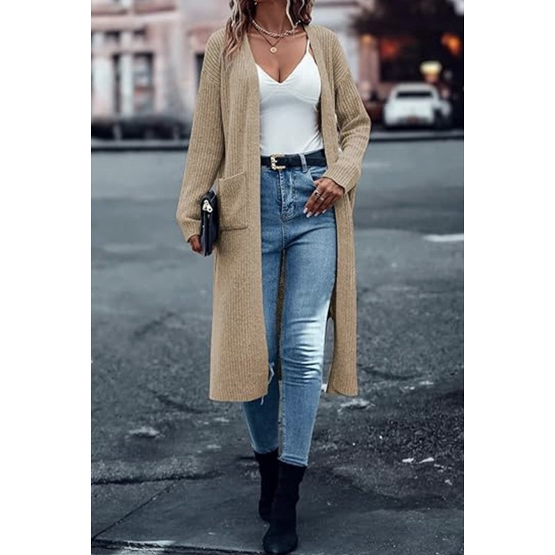 🍂Autumn Hot Sale 50% OFF💞✨Women’s Solid Long Open Front Knit Cardigan, Loose Fit Sweater Coat With Side Pockets, Autumn Casual Outerwear