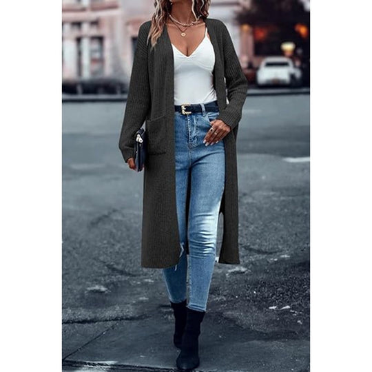 🍂Autumn Hot Sale 50% OFF💞✨Women’s Solid Long Open Front Knit Cardigan, Loose Fit Sweater Coat With Side Pockets, Autumn Casual Outerwear