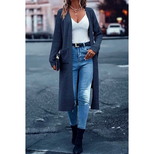 🍂Autumn Hot Sale 50% OFF💞✨Women’s Solid Long Open Front Knit Cardigan, Loose Fit Sweater Coat With Side Pockets, Autumn Casual Outerwear