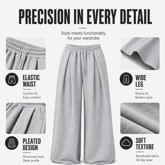 Trending Now⭐👖 Pleated Wide-Leg Sweatpants – Relaxed Fit & Drawstring Waist for Effortless Comfort Style