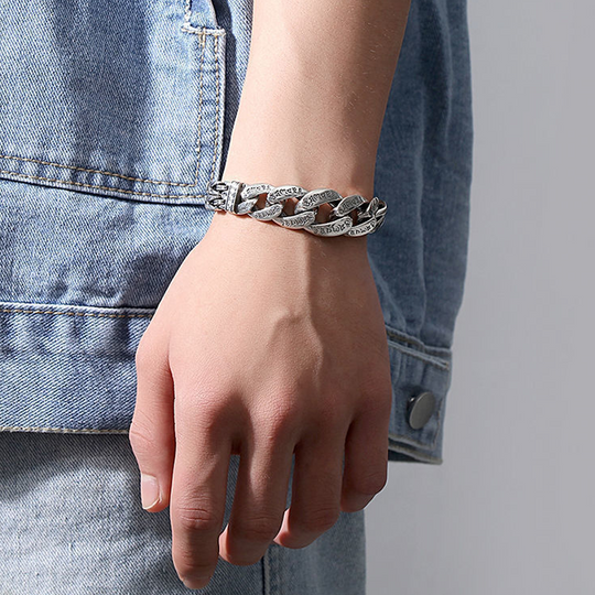 💿 FLASH SALE: 30% OFF! 🕉️ Retro Mantra Bracelet for Men – Six Engraved Syllables & Vintage Silver Finish – Double Chain, 18–22 cm for a Spiritual Style ✨