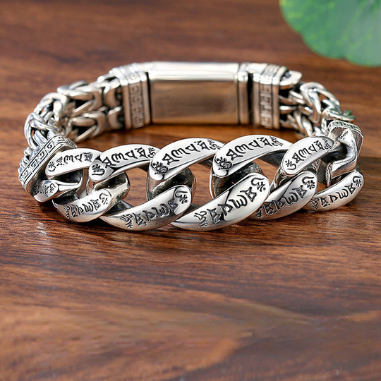 💿 FLASH SALE: 30% OFF! 🕉️ Retro Mantra Bracelet for Men – Six Engraved Syllables & Vintage Silver Finish – Double Chain, 18–22 cm for a Spiritual Style ✨