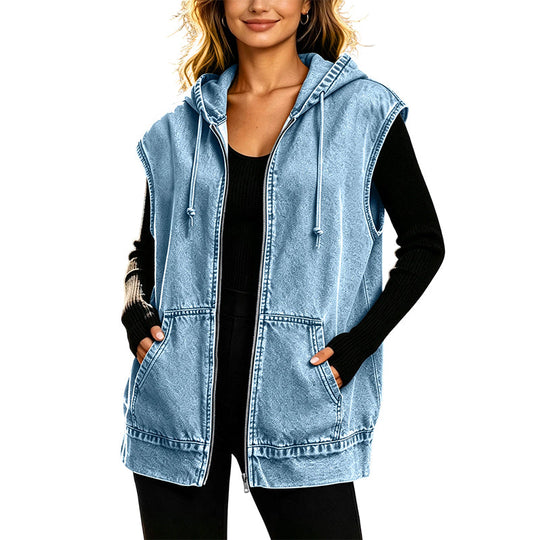 ✨ Easy Layering Style | Women's Oversized Hooded Denim Vest Jacket