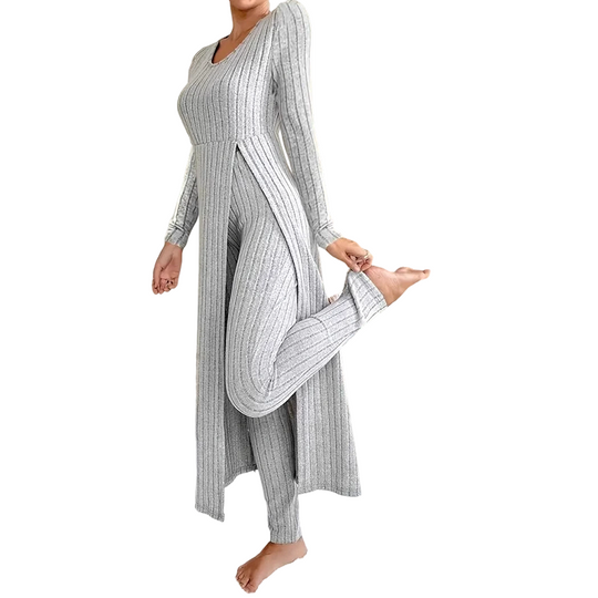 ✨ Easy Everyday Comfort 🦋 Women's Ribbed Longline Top & Slim-Fit Pants 2-Piece Set