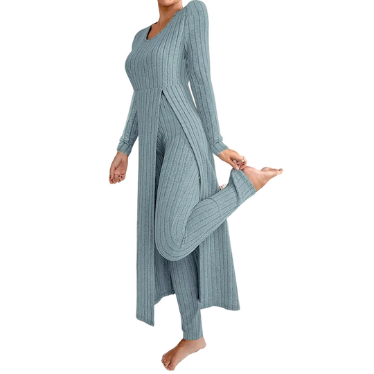 ✨ Easy Everyday Comfort 🦋 Women's Ribbed Longline Top & Slim-Fit Pants 2-Piece Set