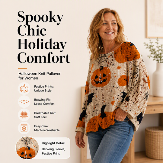 🎃 Latest Design | Women's Halloween Pumpkin-Print Batwing Knit Sweater