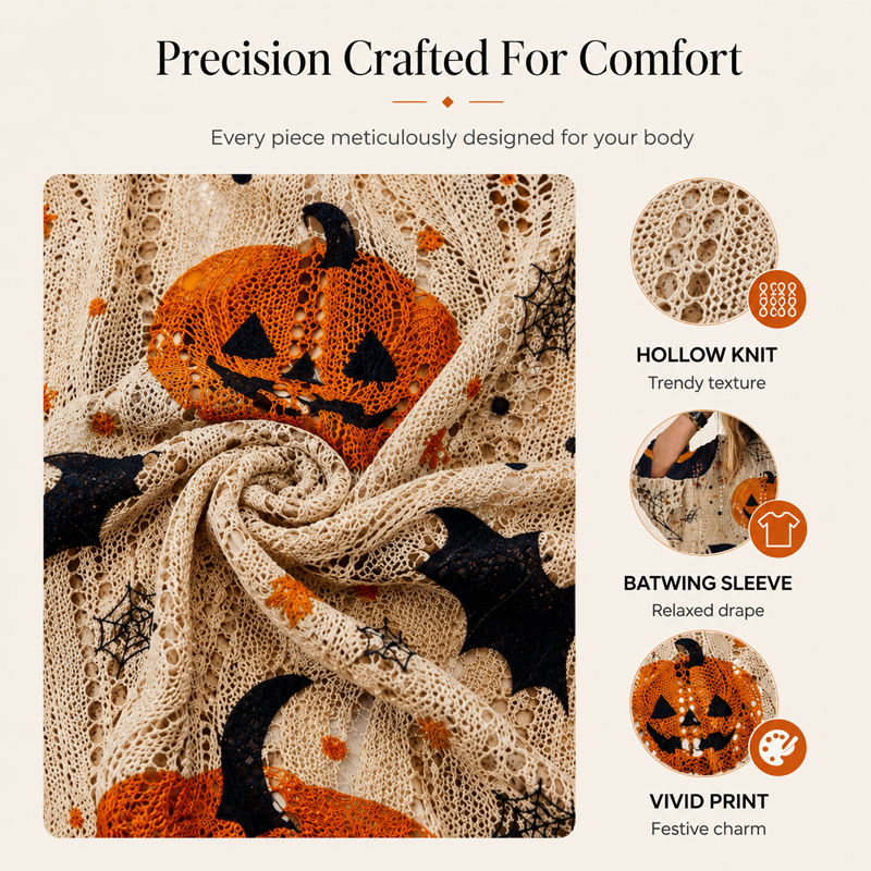 🎃 Latest Design | Women's Halloween Pumpkin-Print Batwing Knit Sweater