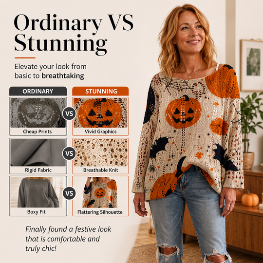 🎃 Latest Design | Women's Halloween Pumpkin-Print Batwing Knit Sweater