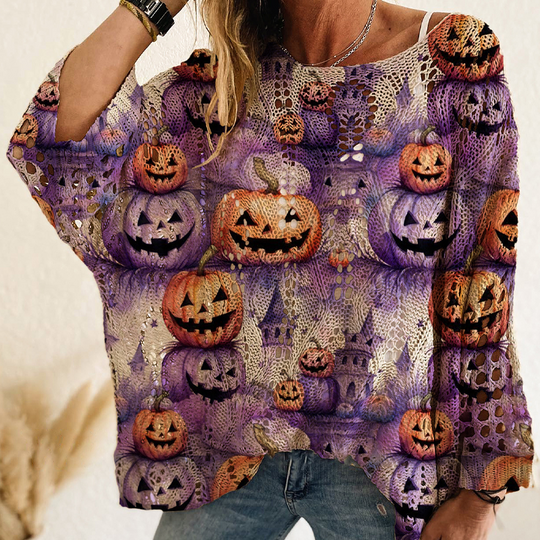 🎃 Latest Design | Women's Halloween Pumpkin-Print Batwing Knit Sweater