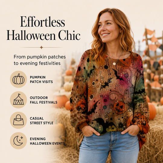 🎃 Latest Design | Women's Halloween Pumpkin-Print Batwing Knit Sweater