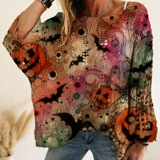 🎃 Latest Design | Women's Halloween Pumpkin-Print Batwing Knit Sweater