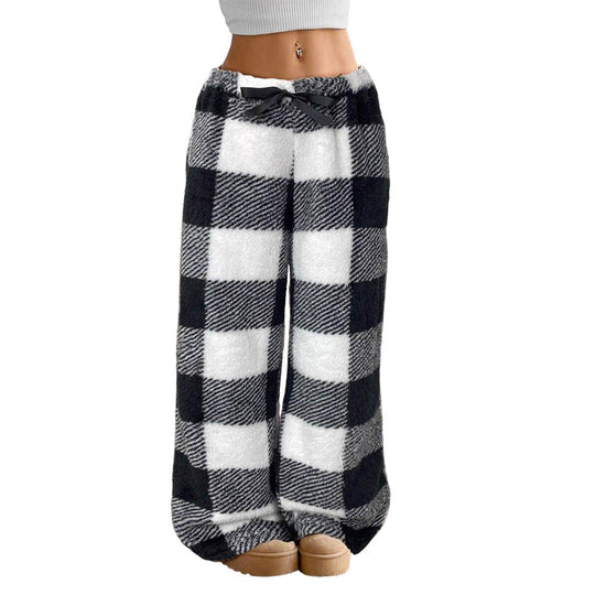☁️ Feel-Good Comfort | Women's Plush Plaid Wide-Leg Trousers