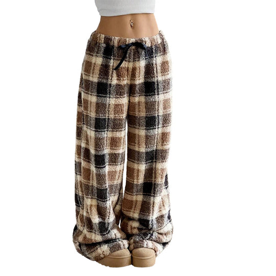 ☁️ Feel-Good Comfort | Women's Plush Plaid Wide-Leg Trousers