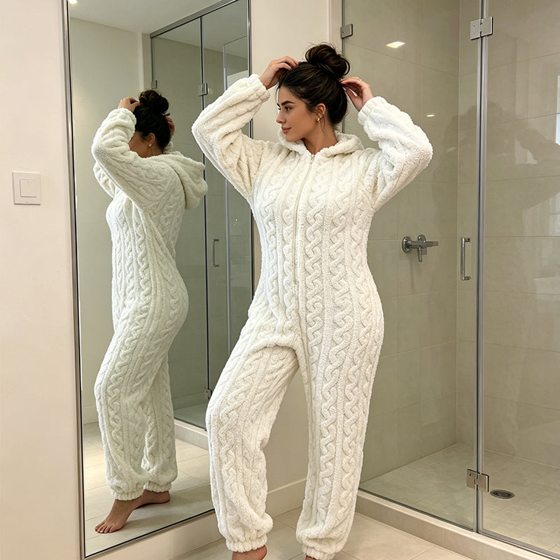 💖🐻 Playful Comfort | Women's Bear-Embroidered Cable-Knit Hooded Loungewear