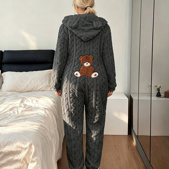 💖🐻 Playful Comfort | Women's Bear-Embroidered Cable-Knit Hooded Loungewear