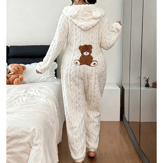 💖🐻 Playful Comfort | Women's Bear-Embroidered Cable-Knit Hooded Loungewear
