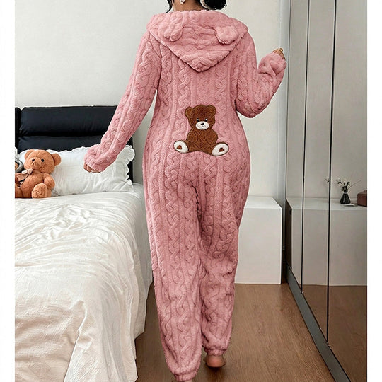 💖🐻 Playful Comfort | Women's Bear-Embroidered Cable-Knit Hooded Loungewear