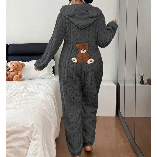 💖🐻 Playful Comfort | Women's Bear-Embroidered Cable-Knit Hooded Loungewear